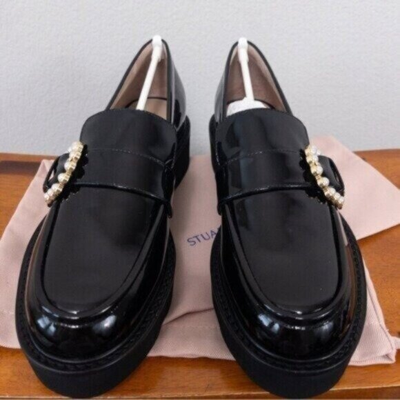 NEW Stuart Weitzman Piper Super Lift Loafer 7 Black Patent Calf Leather Platform - Picture 12 of 13